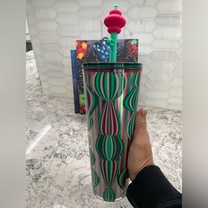 Starbucks 2024 Holiday Striped Holiday Ornament Ball Straw Topper Tumbler. NWT!